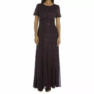 R & M Richards Plum Purple Lace Popover Embellished Evening Gown